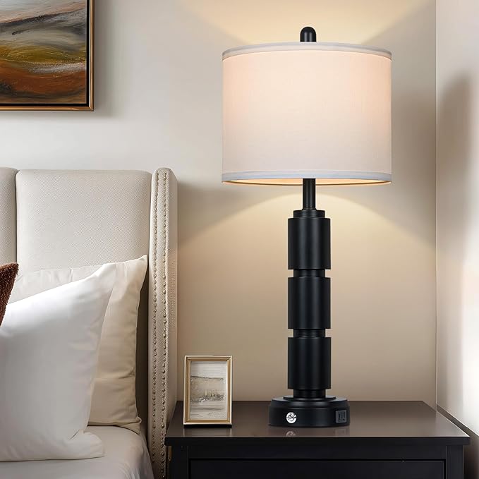 Set of 2 Modern Table Lamps for Living Room Bedroom,29" Tall Bedside Lamp with 2 USB Port,Black Metal Touch Nightstand Lamp for Desk End Side Table Entryway,Black