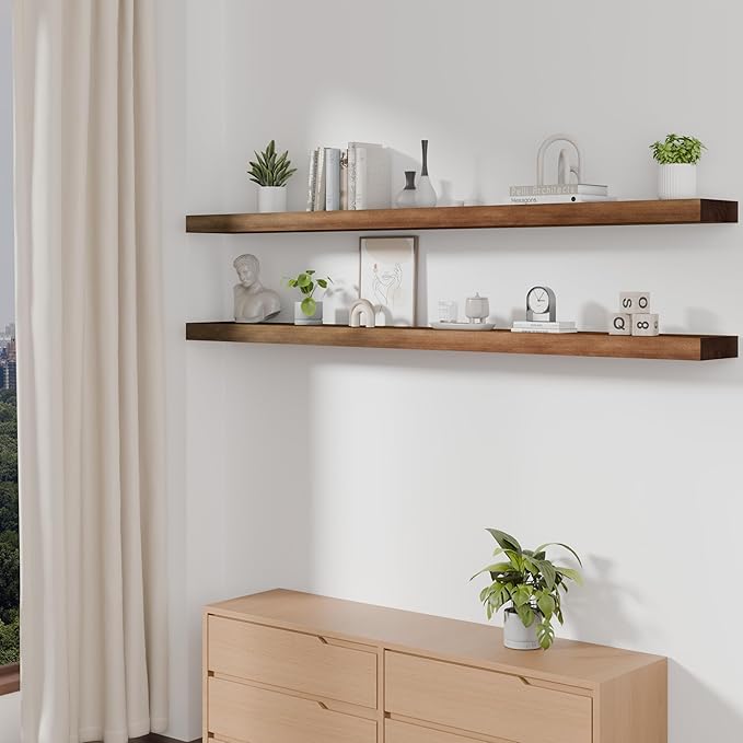 foxsky 72 Inch Solid Pine Wood Floating Shelves for Wall with Hidden Brackets, Rustic Farmhouse Wall Mounted Shelf for Bathroom, Living Room, Bedroom, Kitchen, Office Decor (Walnut)
