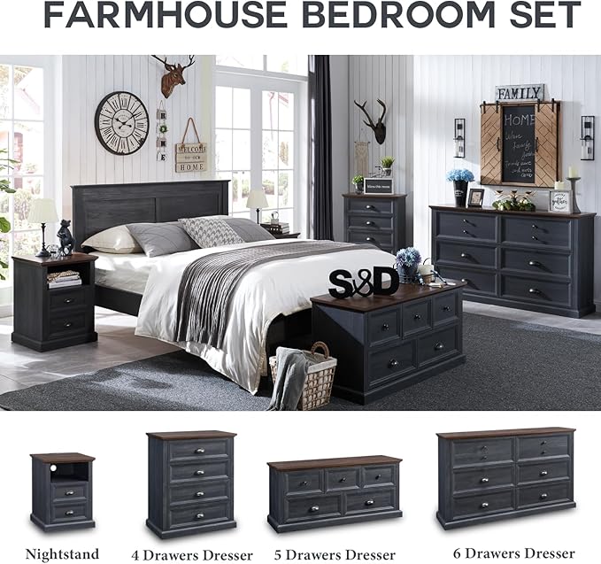 Farmhouse 6 Drawers Dresser for Bedroom, 58" Wide Dresser Chest of Drawers Organizer Storage, Wood Rustic for Closet w/Two Different Drawer Sizes for Living Room, Hallway, Dark Grey