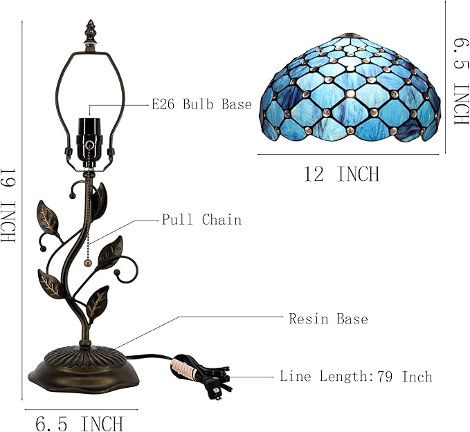 Tiffany Table Lamp, Stained Glass Style Desk Lamp, 12X12X19 Inch,Bedside Reading Light, Metal Leaf Base（Blue Beads Style