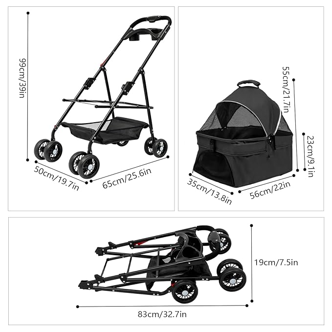 Pet Stroller for Small Medium Dogs Cats,Detachable Folding Travel Puppy Stroller with Wheels,Max Load 44 lbs,with Storage Basket
