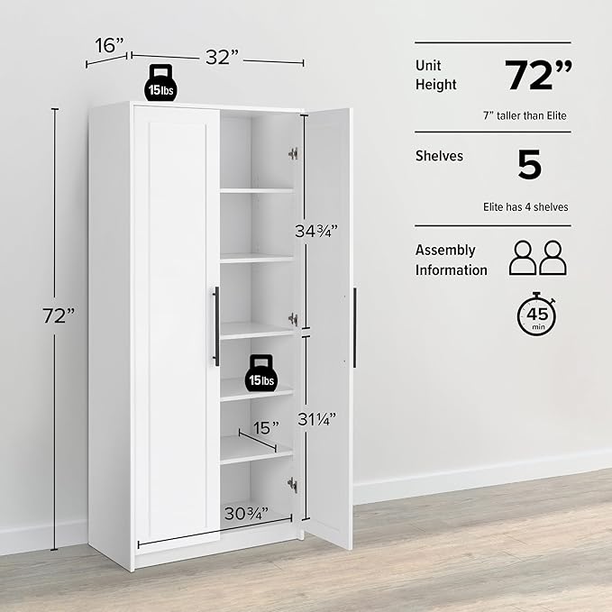 Prepac Elite Premium Home Storage Cabinet with Doors and Shelves, White Storage Cabinet with 5 Shelves for Kitchen, Bathroom 16" D x 32" W x 72" H
