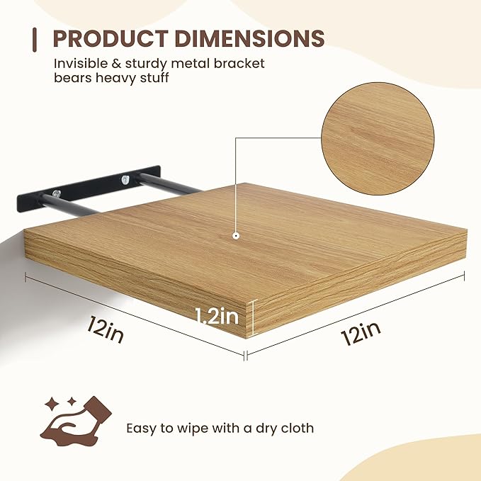 Fun Memories Square Floating Shelves for Wall - 12 Inch Deep Floating Shelves with Invisible Brackets, Oak Small Wall Shelf for Living Room, Bathroom, Bedroom, and Kitchen Decor，Set of 4