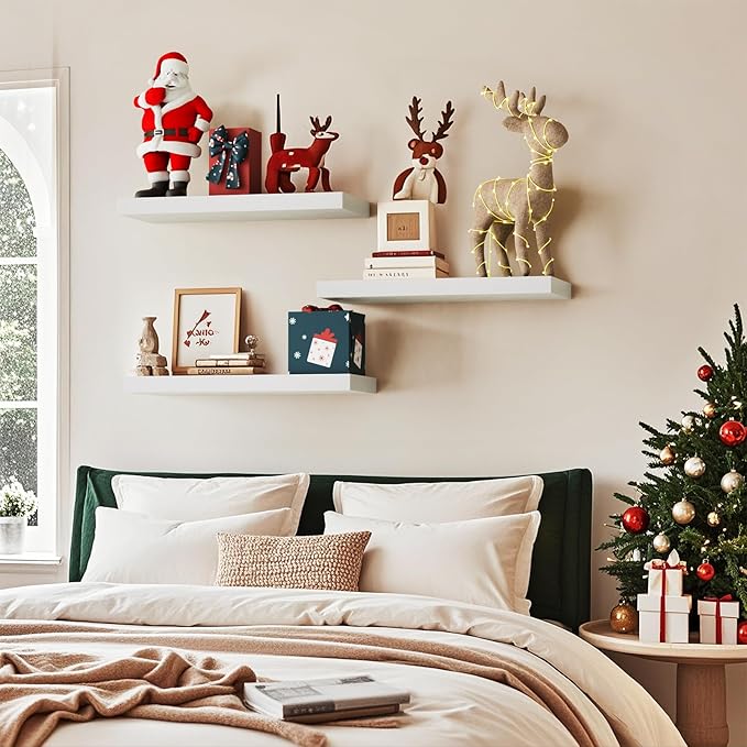 BAYKA White Floating Shelves for Wall – Rustic Wood Wall Shelves with Metal Brackets for Bathroom, Bedroom, Kitchen, or Living Room Decor Organization – Set of 3, Sturdy Storage with 22lb Capacity