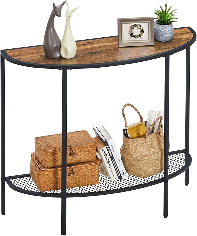 SAYGOER Entryway Table 2 Tier Small Console Table with Storage Half Moon Sofa Couch Table Mid Century Modern Narrow Entry Way Tables, 36.22" D x 11.8" W x 31.5" H, Easy Assembly, Dark Walnut