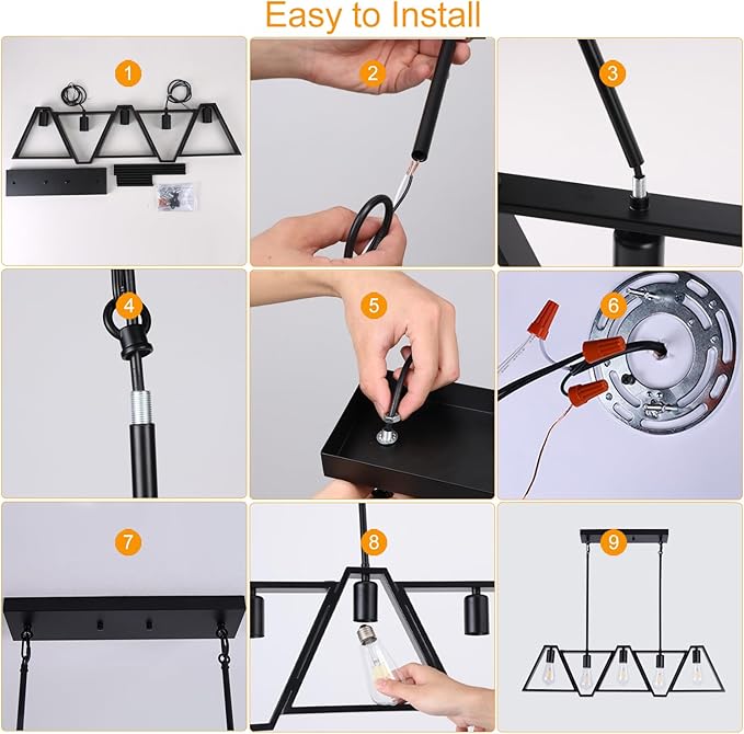 Dining Room Light Fixture, Kitchen Island Lighting with Adjustable Rods, Modern Chandelier Pendant Lamp Over Table (Black, 5 Light)