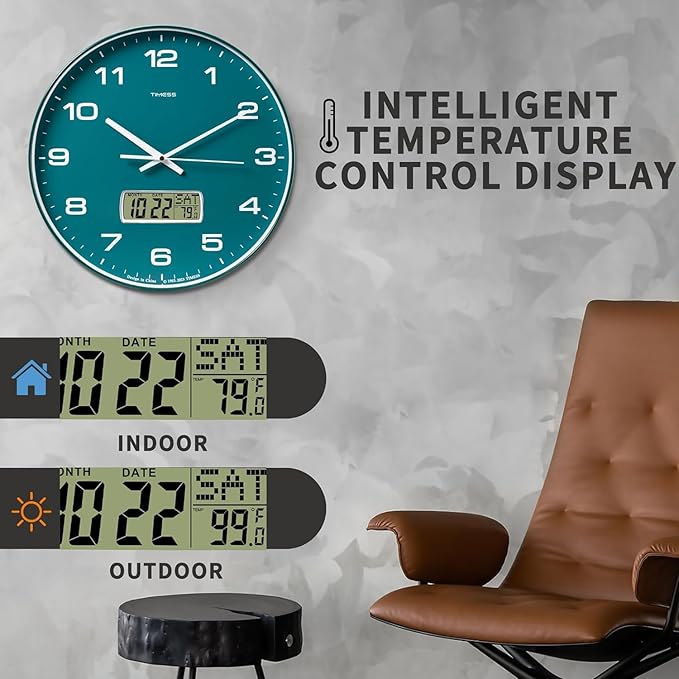 Wall Clock, 13" Dial Non-Ticking Silent Battery Operated Analog with LCD Display for Perpetual Calendar and F° Temperature, Ideal Modern Home, Office Decor (Green)