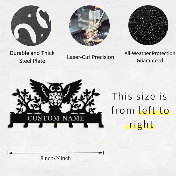 Personalized Owl Coat Rack Wall Hanging Key Holder,Custom Metal Name Key Hooks,Key Holder Wall Mount for Doorway,Bedroom,Kitchen,Housewarming Gift undefined undefined