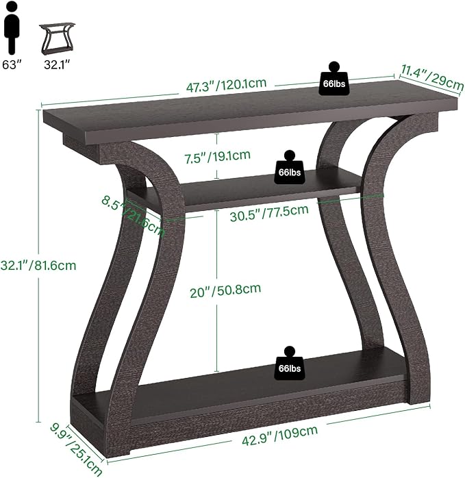 Wooden Console Table with Curved Legs and Shelf, 3-Tier Modern Accent Sofa Table for Entrance Area, Living Room, Hallway, 47 in Wide (Brown)