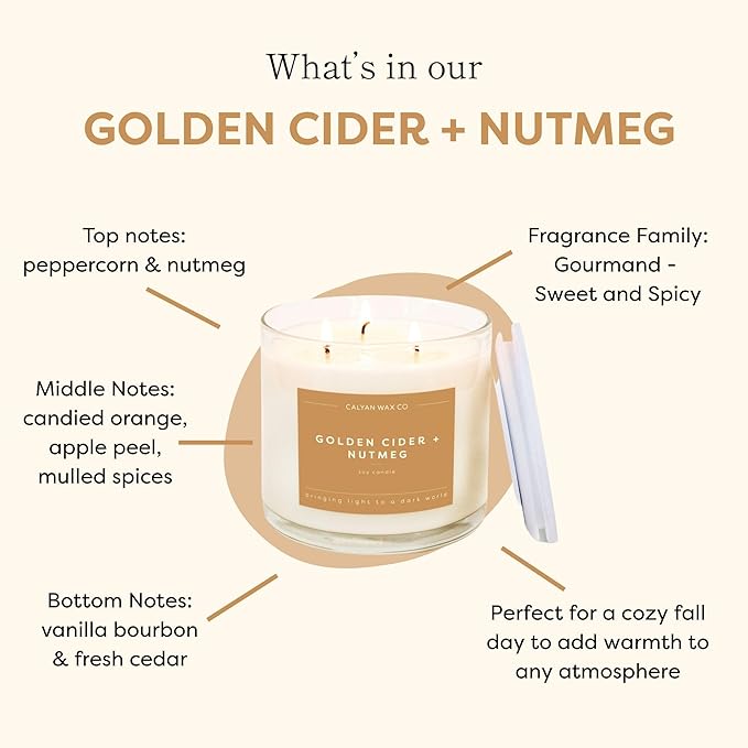 Calyan Wax Co. Golden Cider & Nutmeg 3 Wick Scented Candle - 43 Hour Burn - Luxury 3 Wick Soy Candles - Non Toxic Soy Wax Candles - Long Lasting Large Glass Jar Candle for Home - 14.9oz