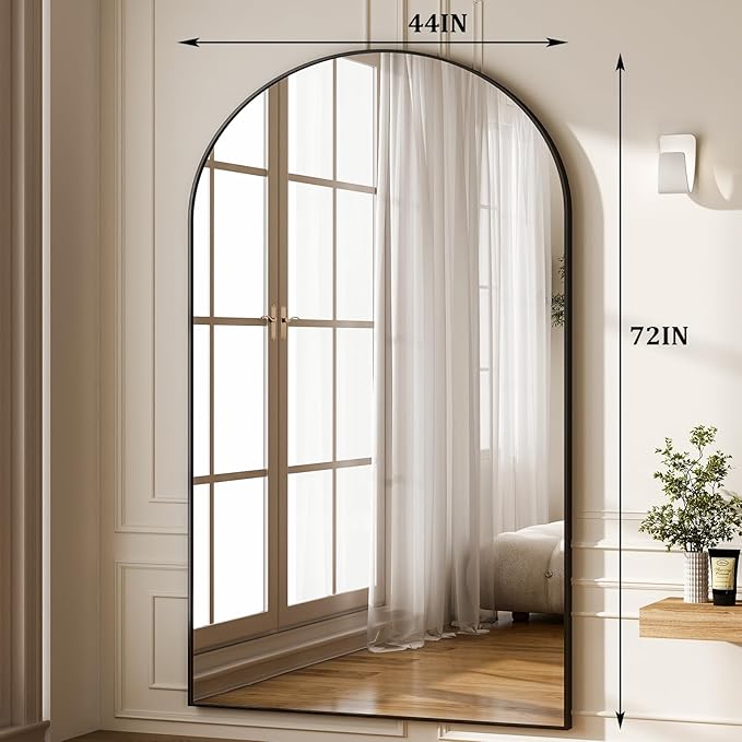 GLSLAND 72"x44" Arched Full Length Mirror – Oversized Full Body Floor Mirror with Aluminum Alloy Frame, Stand & Wall-Mounted Option for Bedroom & Living Room, Black
