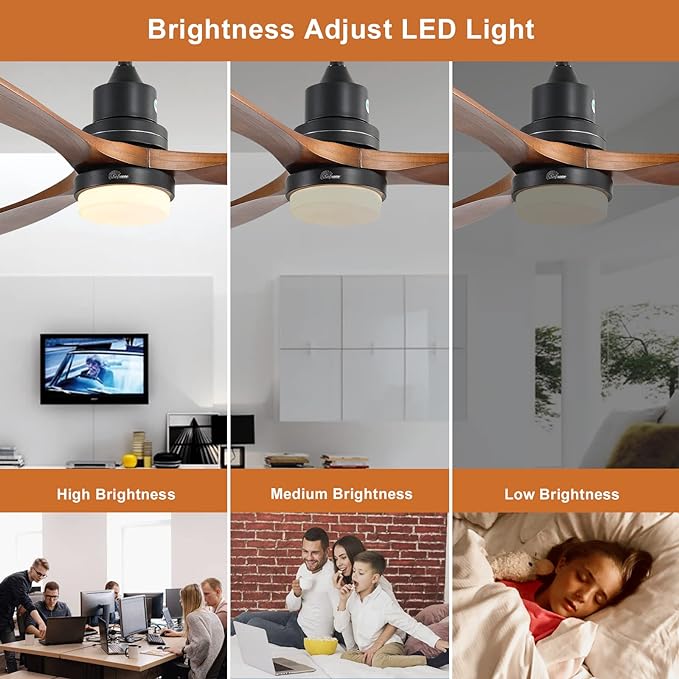 Sofucor 52 Inch Ceiling Fan with Lights and Remote, Low Profile Flush Mount Modern Wood Ceiling Fan for Indoor Bedroom Living Room Farmhouse Outdoor Patio Porch, Reversible DC Motor, Brown