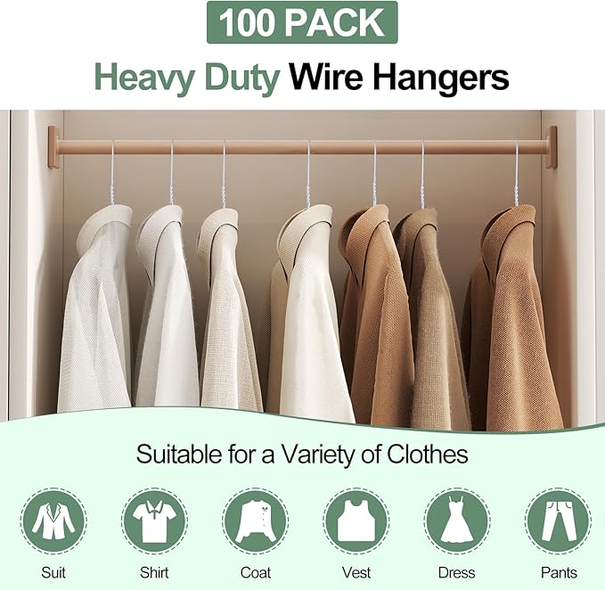 Wire Metal Hangers Bulk 100 Pack, Clothes Hangers Heavy Duty for Coats, Suits, Shirts, Pants, Skirts, Space Saving, Non Slip, Ultra Thin, 16 Inch, White
