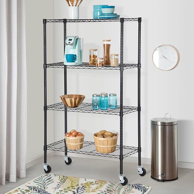 FDW | 4-Tier Wire Storage Shelves with Wheels | 36"x14"x62" | Black | Adjustable Racks | Heavy-Duty Metal Shelf, Holds Upto 500 lbs | Tool-Free Assembly, Rust-Resistant | for Home & Garage Shelving