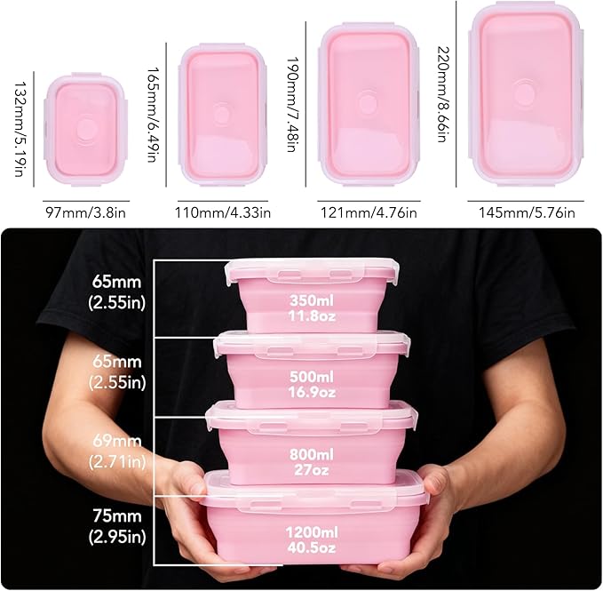 4 Pack Silicone Collapsible Bowls with Lids for Camping, Square Food Storage Containers Set, Leak-Proof & Portable Collapsible Kitchen Containers for Travel, Hiking, Picnic & Meal Prep
