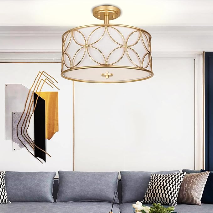 3-Light Semi Flush Mount Ceiling Light, 16" Drum Light with Fabric Shade, Modern Close to Ceiling Lamp for Living Room Bedroom Dining Room Kitchen Hallway Entry Foyer (Gold)