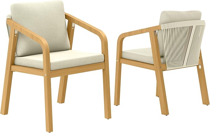 Acacia Patio Dining Chairs Set of 2, Outdoor Wood Dining Chairs with Thick Cushions, Modern Patio Chairs with Woven Rope Backrest for Porch, Backyard, Garden, Indoor, Beige