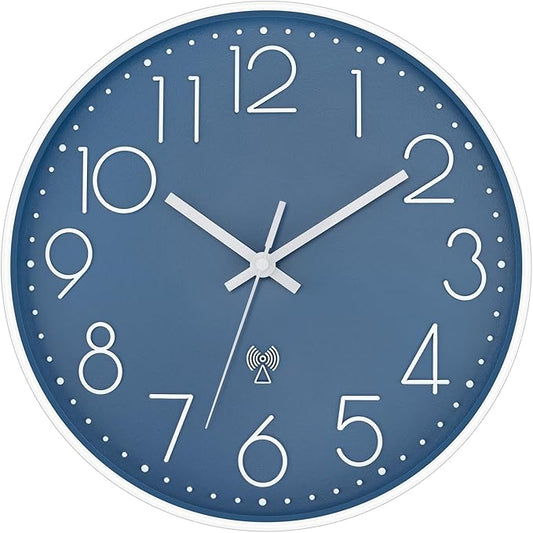 Foxtop Atomic Wall Clock Battery Operated Round Analog Modern Wall Clock Sets Automatically for Office Classroom Bedroom Kitchen Living Room (Cerulean)