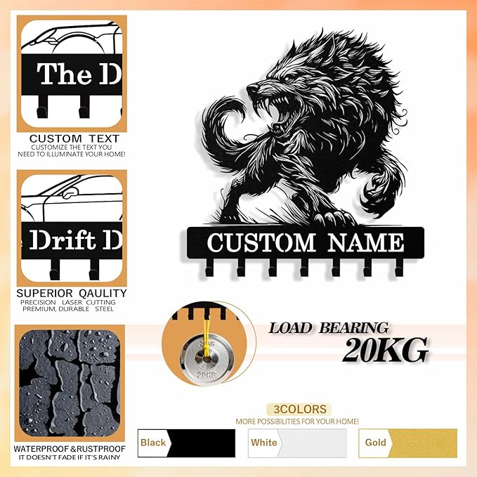 Personalized Wolf Key Holder Wall Mount, Custom Metal Keys Hanger for Wall with Name, Custom Key Rack Holder with Hooks for Home, Entryway, Front Door, Living Room, Kitchen, Bathroom