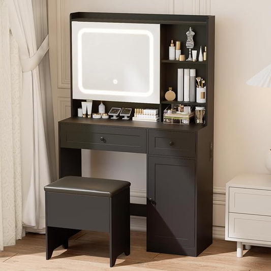 Vanity Table with Hidden Storage & LED Mirror - Includes Padded Stool, 5 Compartments, 2 Drawers & 1 Storage Cabinet - Ideal Bedroom Makeup Dressing Table Black