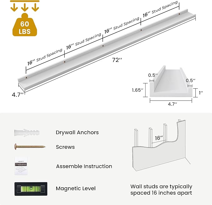 Picture Ledge Shelf, 72 inch Solid Ash Wood Floating Shelves Set of 2, Picture Ledge Ledge Wall Mounted for Living Room Kids' Room Bedroom, Color White