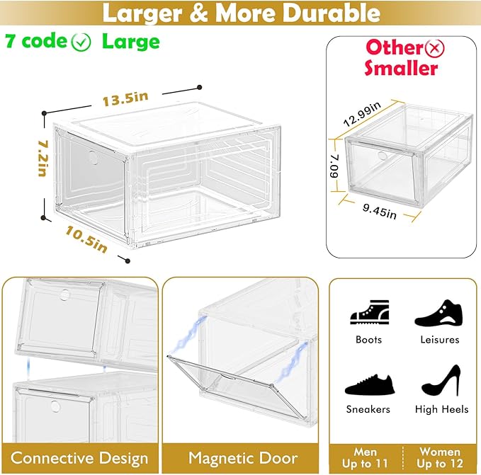 Thicken & Sturdy Clear Shoe Storage Organizer with Magnetic Door, Stackable Boxes for Closet, Foldable Space-Saving Shoe Rack for Sneaker Boot Container, Plastic Shoe Cabinet Shoe Box 6 Pack, White