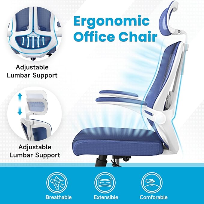 Ergonomic Office Chair - 400LB Comfy Desk Chairs with Adjustable Headrest and Lumbar Back Support, Mesh Computer Chairs with Wheels and Arms for Home Office, Study, Bedroom and Dorm (04blue)