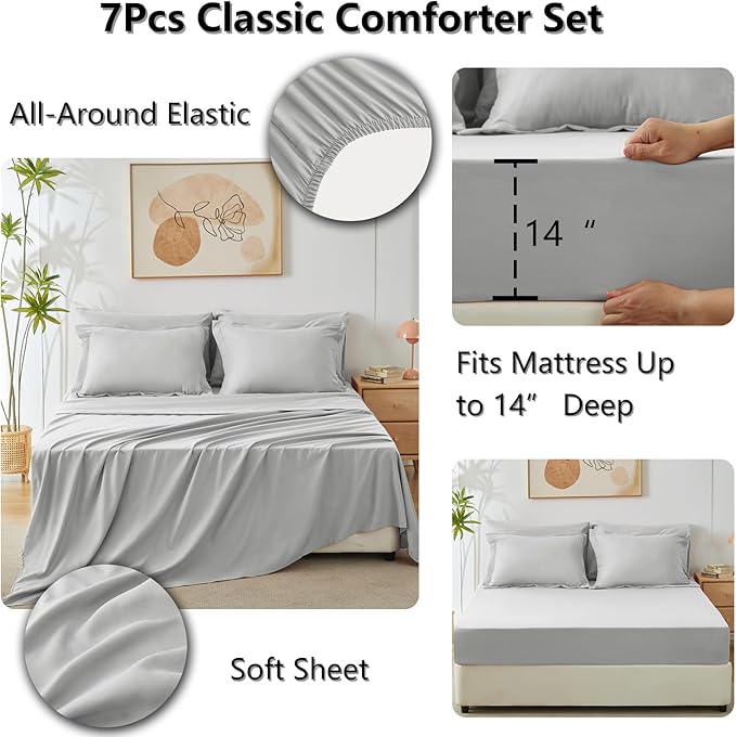 CozyLux King Size Comforter Set Light Grey - 7 Pieces Bed in a Bag King, Luxury Soft Bed Set for All Seasons, Bedding Set with Down Alternative Comforter, Sheets, Pillowcases & Shams