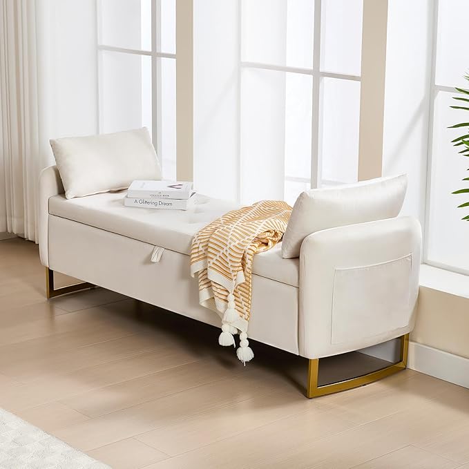 65" End of Bed Storage Bench King Size, Storage Ottoman Bench with Tufted Button Upholstered and Gold Legs, Bedroom Benches with Armrests for Living Room Window and Entryway, Beige