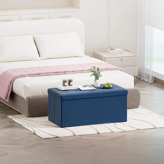 BRIAN & DANY Folding Storage Ottoman Bench, Ottoman with Storage, Foot Rest, Benches Seat for Bedroom, Living Room, Entryway, Long Shoes Bench, 15.7" x 31.5" x 15.7" Blue