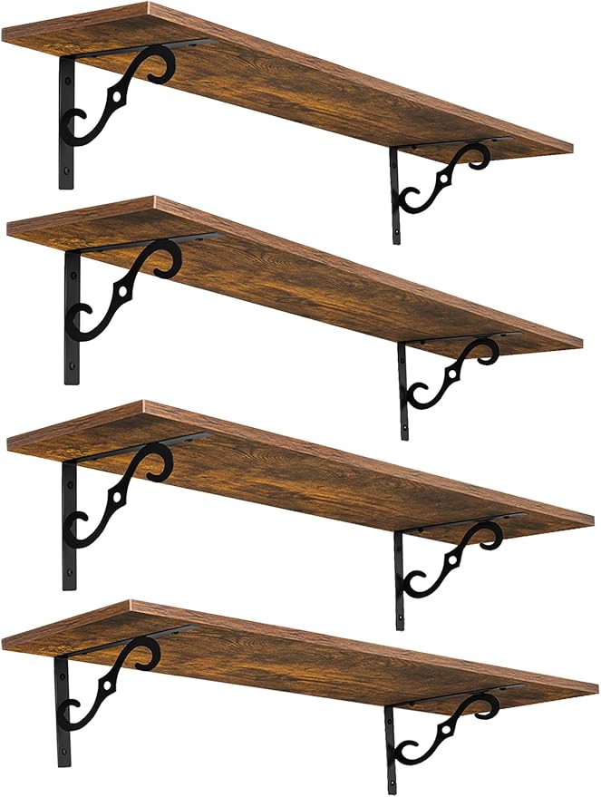 DINZI LVJ Long Wall Shelves, 31.5" Large Floating Shelves Set of 4, Farmhouse Display Shelf Wall Mounted with Heavy Duty Brackets, Easy Assembly for Kitchen, Bathroom, Bedroom, Balcony, Rustic Brown