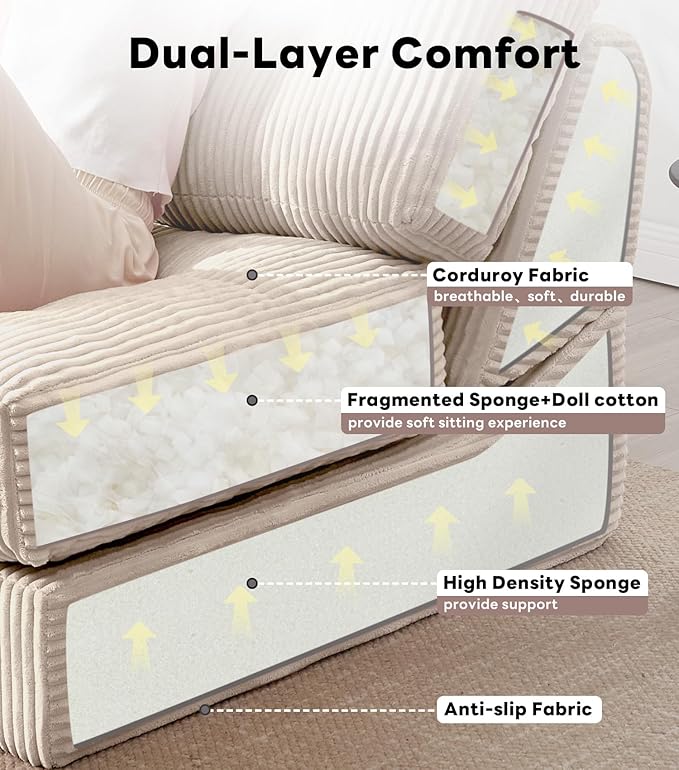 Tbfit Folding Sofa Bed, Convertible Sleeper Chair with Large Pillow, Corduroy Folding Couch Bed, Portable & Foldable Mattress Boneless Floor Sofa for Living Room, Bedroom, Office, Khaki, Single