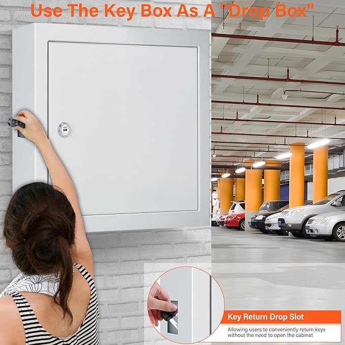 100 Keys White Key Cabinet, Anti-Theft Key Lock Box with Key Tags, Adjustable Key Organizer Wall Safe for Car Office House Garage Rental Business