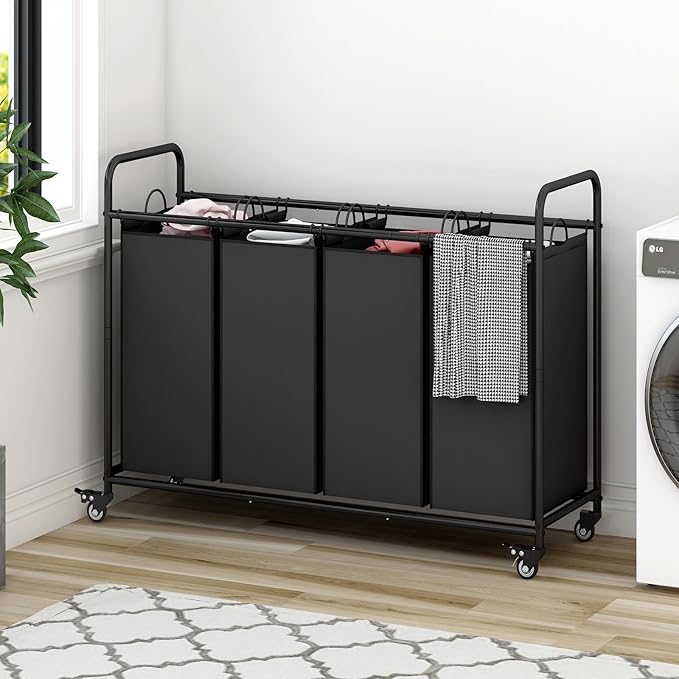 Laundry Sorter 4 Section Hamper Sorter with Heavy Duty Lockable Rolling Wheels Removable Bags Basket Separator for Dirty Clothes Storage,Black