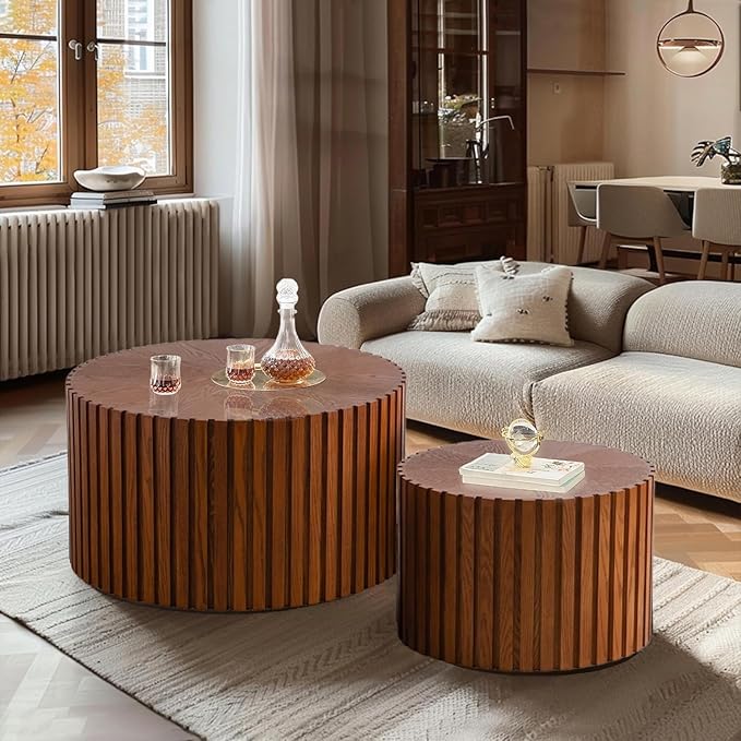 Round Nesting Coffee Table Set of 2, Round Fluted Coffee Tables for Living Room Modern Nesting End Side Tables for Small Spaces (D Brown)
