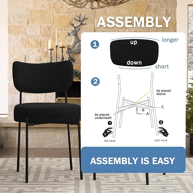 Black Boucle Dining Chairs Set of 8, Upholstered Dinner Chair with Metal Frame, Dining Room Chairs with Padded Seat, Round Modern Seating for Living Room