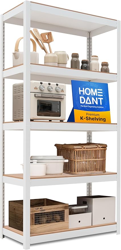 HOMEDANT House 5 Tier Laminated Metal Shelving Unit Adjustable Storage Utility Rack Heavy Duty Shelves Organization Multipurpose Shelf Kitchen Garage Pantry Closet (1, (M) 36.2" W, White)