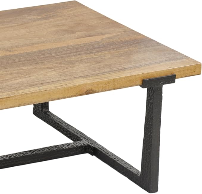 The Urban Port Marlon 48" Coffee Table | Handmade Aluminum Cast Frame | Natural Solid Mango Wood Top, Black and Brown