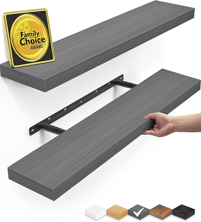 BAYKA Floating Shelves Grey, 22.5 inches Rustic Wood Wall Mounted Shelves for Bathroom, Bedroom, Living Room, Kitchen, Hanging Shelf for Books/Storage/Decor (Gray,Set of 2)