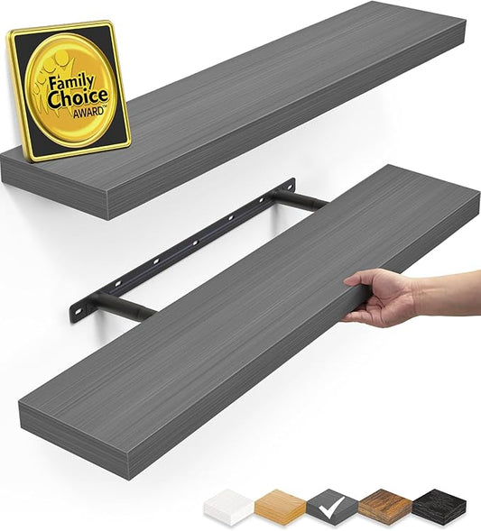 BAYKA Floating Shelves Grey, 22.5 inches Rustic Wood Wall Mounted Shelves for Bathroom, Bedroom, Living Room, Kitchen, Hanging Shelf for Books/Storage/Decor (Gray,Set of 2)