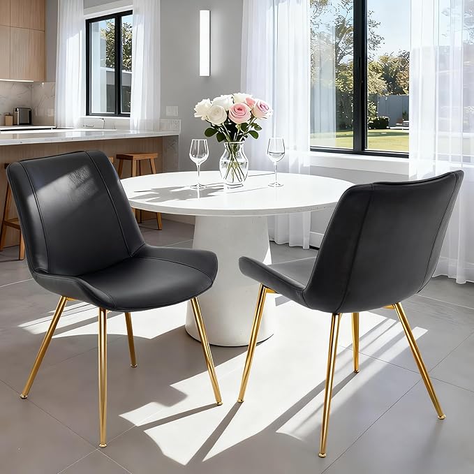 Brage Living Dining Chairs Set of 2, PU Leather Modern Armless Kitchen Dining Room Chairs, Upholstered Accent Side Chairs with Metal Legs (Black, Gold Legs)