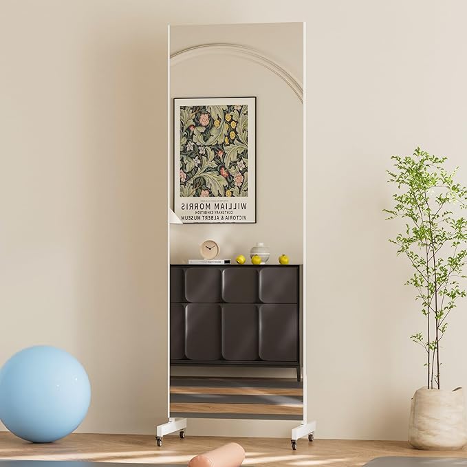 brisafe 67"x24" Ultra-Light Mobile Floor Mirror with 360° Wheels, 0.04mm Shatterproof Nano Film for Home Gym/Yoga/Dance Studio & Commercial Use | 60% Insurance Savings | White