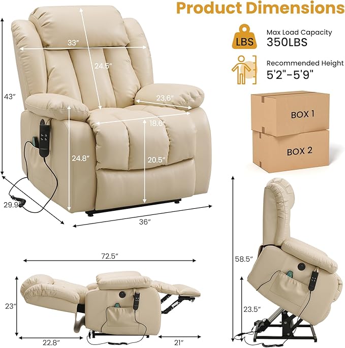 PARKOL Dual Motor Power Lift Recliner Chair for Elderly, 180-Degree Infinite Position Lay Flat Leather Recliner Chairs, with Massage and Heating, USB & Type-C Port and Remote (Beige, Medium)