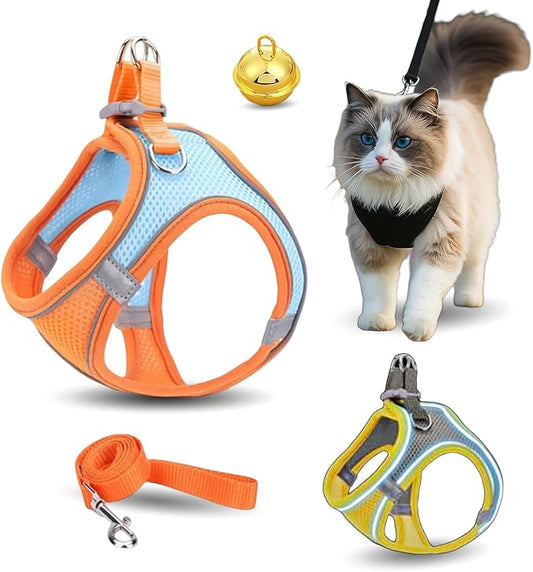 Stimulicat Cat Harness, Stimuli Cat Harness Design for Outdoor Cats, Adjustable Soft Mesh Vest Harness Escape Proof with Reflective Safety Strips, Allowing Cats to Safe (Orange/Blue, XXXS)