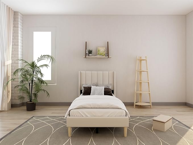 Low Profile Upholstered Platform Bed,Twin Beds with Beige(Linen)