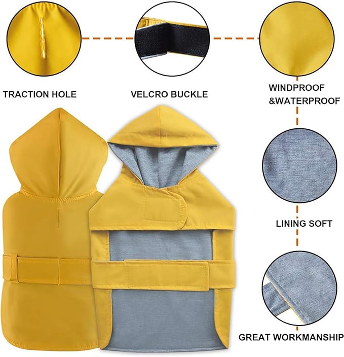Dog Raincoat Dog Rain Jacket Poncho Waterproof Pet Rain Suit Double Layer Breathable Lining Hooded Leash Hole Adjustable Puppy Small Medium Dogs,Yellow,XL