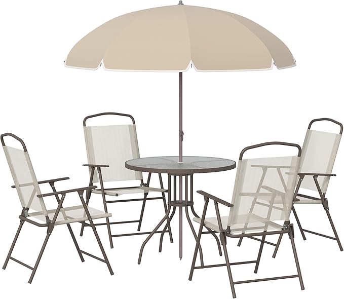 Outsunny 6 Piece Patio Dining Set for 4 with Umbrella, Outdoor Table and Chairs with 4 Folding Dining Chairs & Round Glass Table for Garden, Backyard and Poolside, Beige