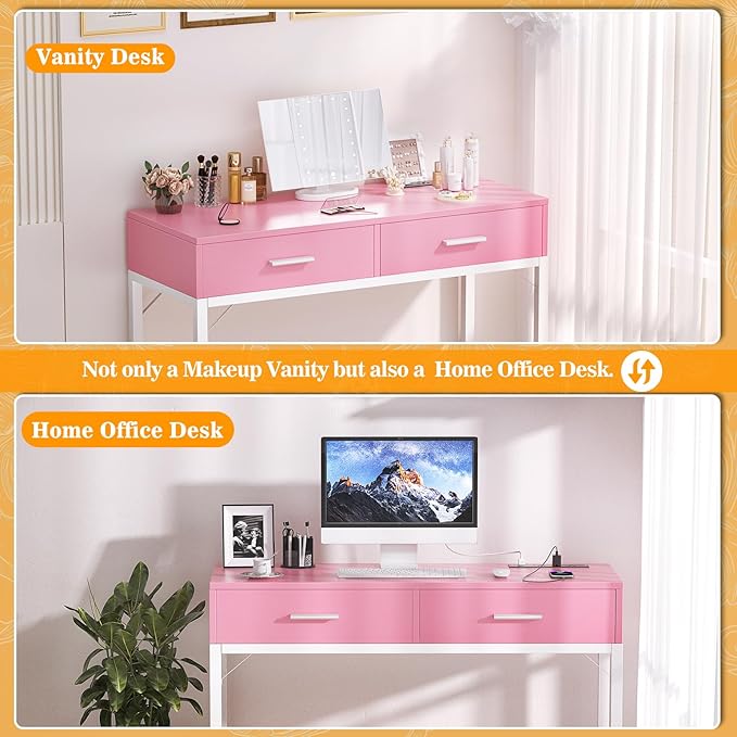 Cyclysio Vanity Desk with Mirror and Lights, 36'' Makeup Vanity Desk with Power Outlet, Small Vanities Set Dressing Table with Drawers for Bedroom, Pink