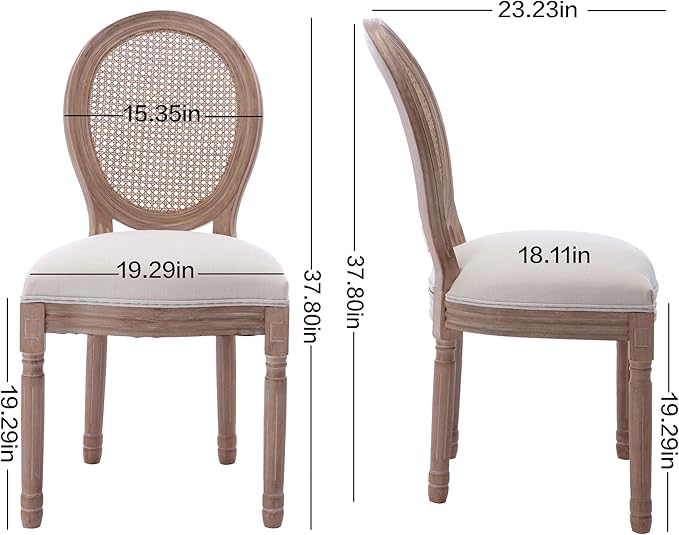 Nrizc French Country Dining Chairs Set of 4, Farmhouse Fabric Chairs with Round Back, Rattan Dining Chair, Oval Side Chairs for Dining Room/Living Room/Kitchen/Restaurant