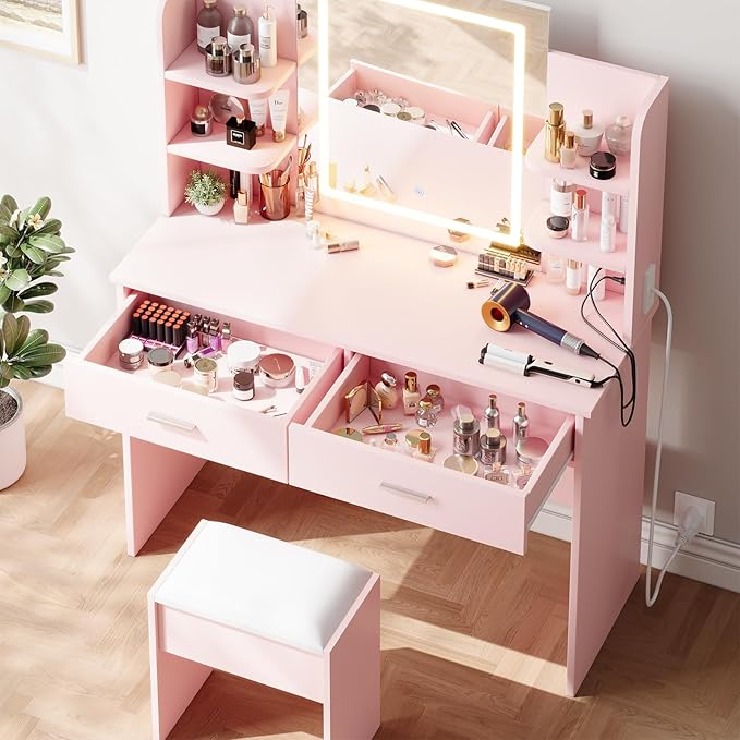 Garvee Vanity Desk with Lights | Tri-Mode LED Lighted Mirror & Charging Station | Makeup Vanity Set with 6 Shelves, 2 Drawers, Soft Cushion Stool | Dimmable Vanity Desk for Bedroom (Pink)